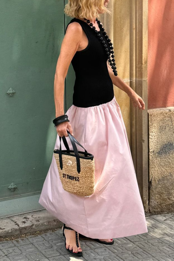 Black Sleeveless Knitted Top with Pink Loose Hem Long Dress