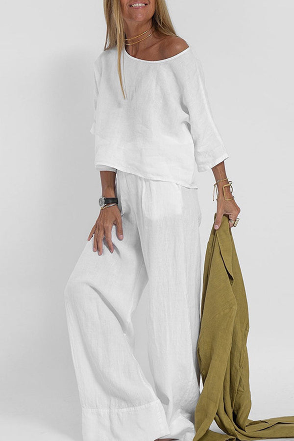 Linen Blend Solid Color Casual Round Neck Top and Loose Wide-leg Pants Set