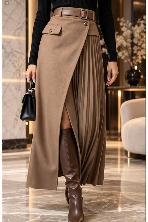 Distinctive Style High Rise Pocketed Pleated Hem Slit Maxi Skirt