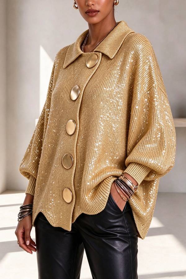 Metallic Sequin Button Up Long Balloon Sleeve Wavy Hem Loose Cardigan