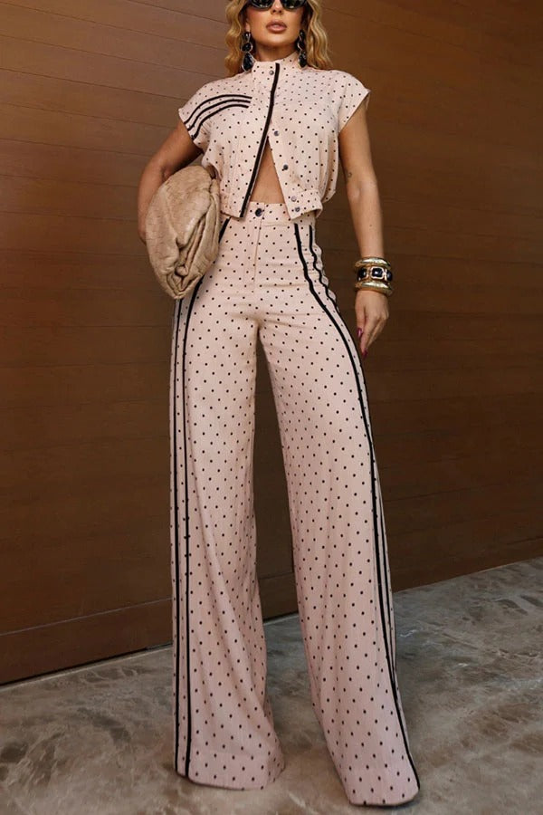 Sporty Polka Dot Striped Print Short Sleeve Jacket and High Rise Elastic Waist Wide Leg Pants Set