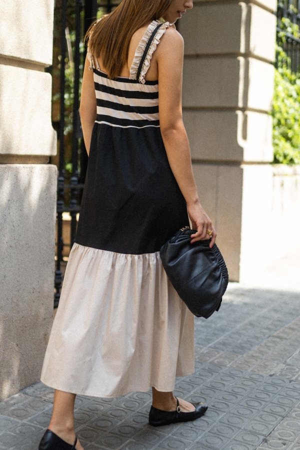 Black and white striped contrast stitching long suspender dress