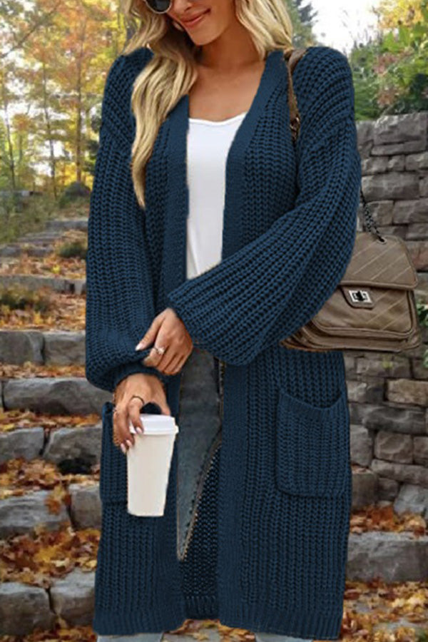 Mid-Length Loose Oversized Double Pocket Cardigan Sweater Jacket