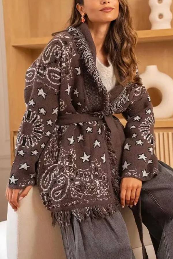 Bohemian Fringe Tie‑Waist Knit Cardigan Coat