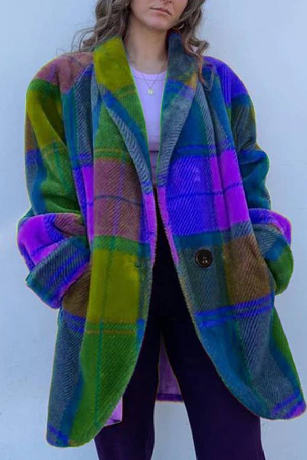 Color Plaid Faux Fur Loose Coat