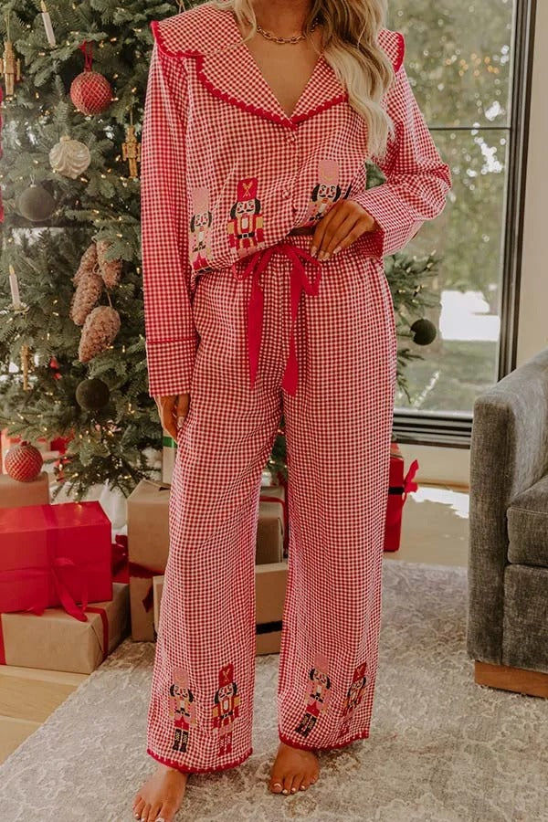 Nutcracker Charm Embroidered Gingham Loose Shirt and Elastic Waist Pajama Set