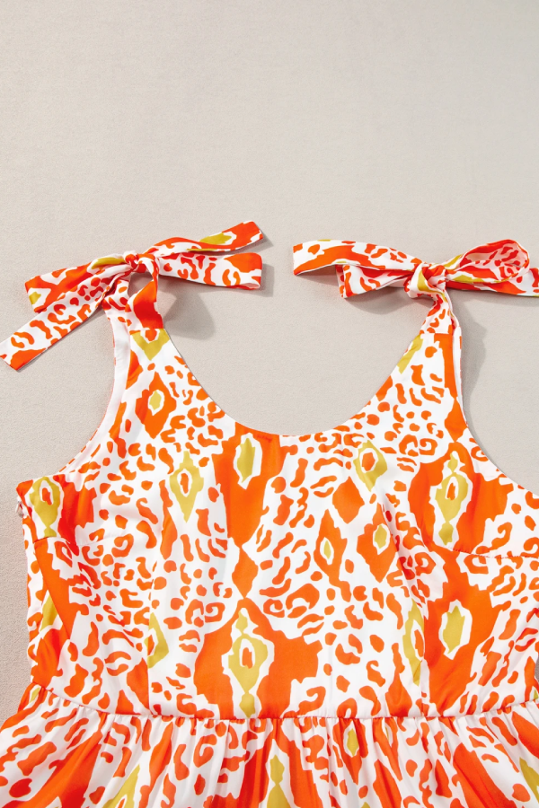 Orange Knotted Straps Leopard Colorblock Tiered Dress