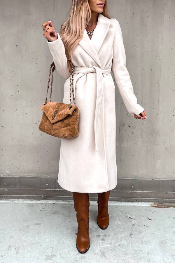 Lapel belted long wool coat