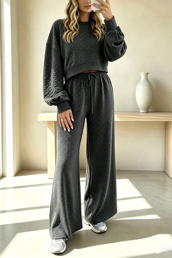 Relaxed and Casual Polka Dot Print Long Sleeve Sweatshirt and Drawstring Elastic Waist Pants Set