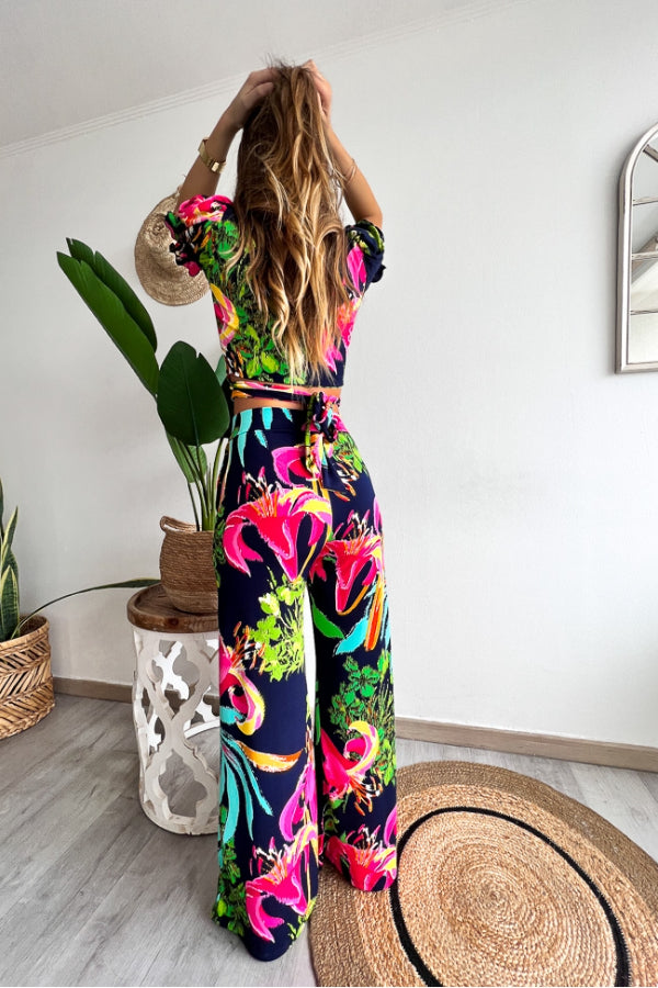 Floral Print V Neck Short Sleeves Crop Top Elastic Waist Wide Leg Pants Set