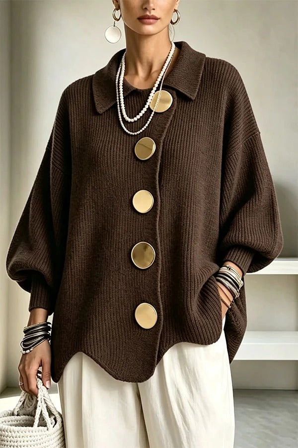 Shelia Knit Oversized Metal Buckle Balloon Sleeve Lapel Cardigan