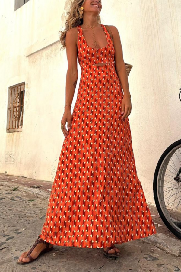 Orange Short Sleeve Regular Print Long Suspender Dress