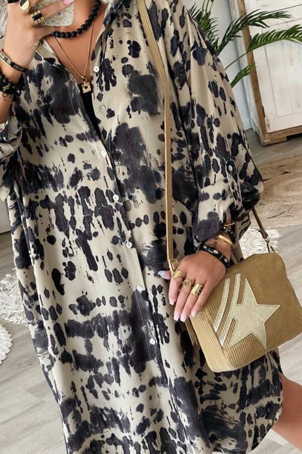 Apricot Splash Ink Print Long Sleeve Button Front Split Dress