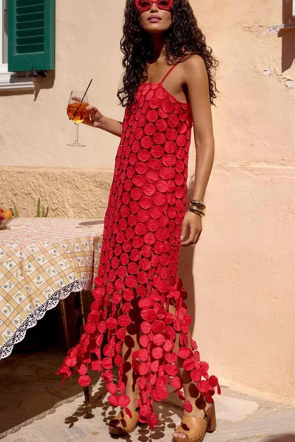 Juju Embroidered Cutout Polka Dots Square Neck Tassel Hem Slip Maxi Dress