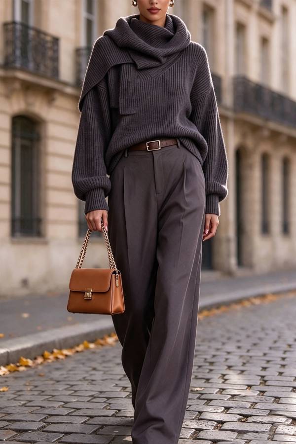 Stylish Minimalist Ribbed Knit Long Sleeve Scarf Collar Loose Sweater