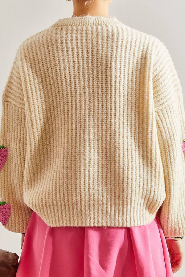 Sweet V-neck beige strawberry decorated cardigan sweater
