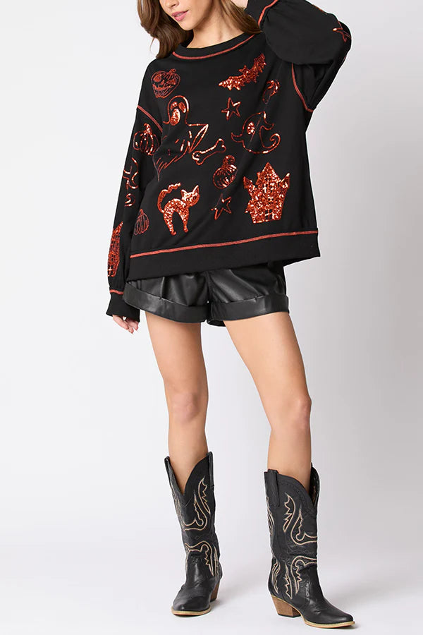 Halloween Graffiti Sequined Loose Casual Sweatshirt