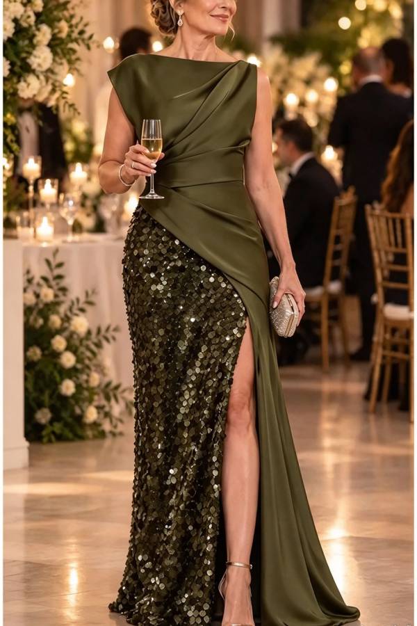 Sparkling Night Satin Sequin Fabric Boat Neck Ruched Waist Drape Slit Maxi Dress