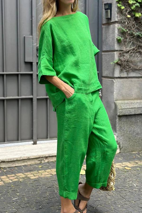 Solid Washed Linen Loose Two Piece Set Boat Neck Midi Sleeve Cropped Top 7/8 Wide Leg Pants Vacation Co-Ord