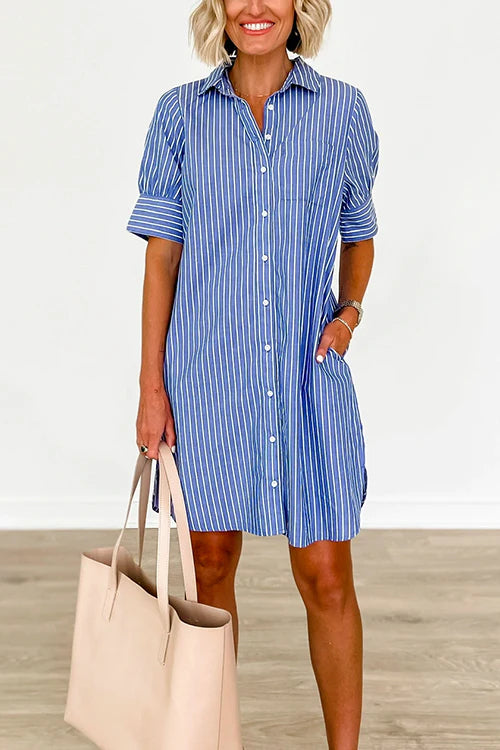 Down Short Sleeves Striped Shirt Dress