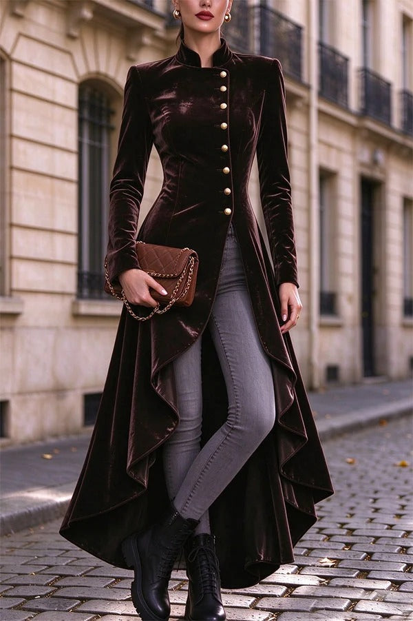 Napoleon Style Velvet Stand Neck Button Long Sleeve High Low Hem Midi Coat