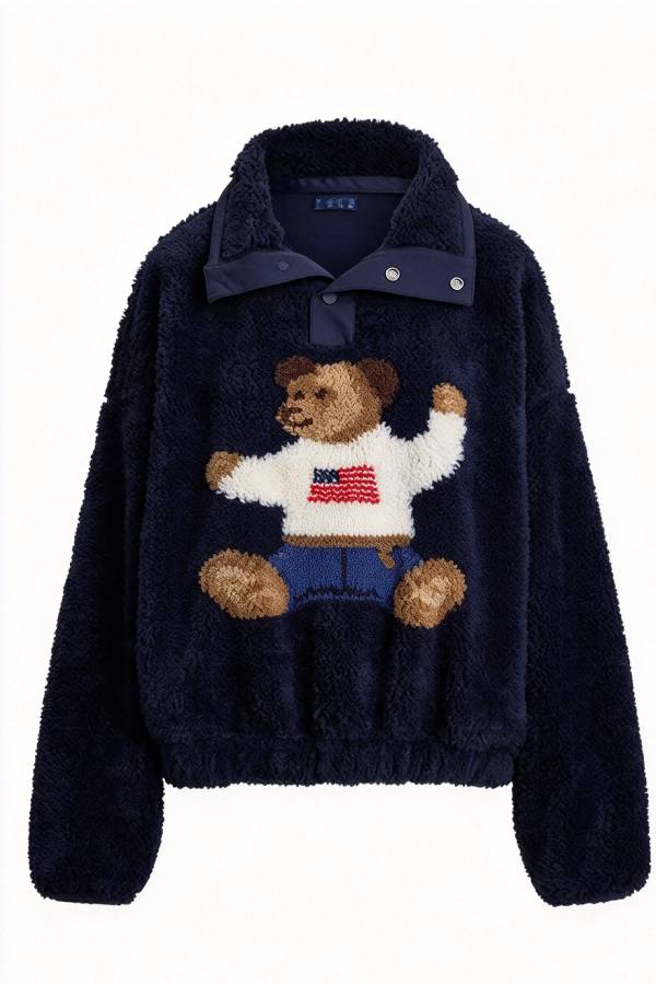 American Retro Polo Bear Pattern Stand Button Neck Long Sleeve Fleece Pullover