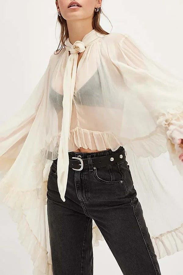 Flowy See-through Ruffle Tie-up Neck Bell Sleeve High-low Hem Cape Shirt