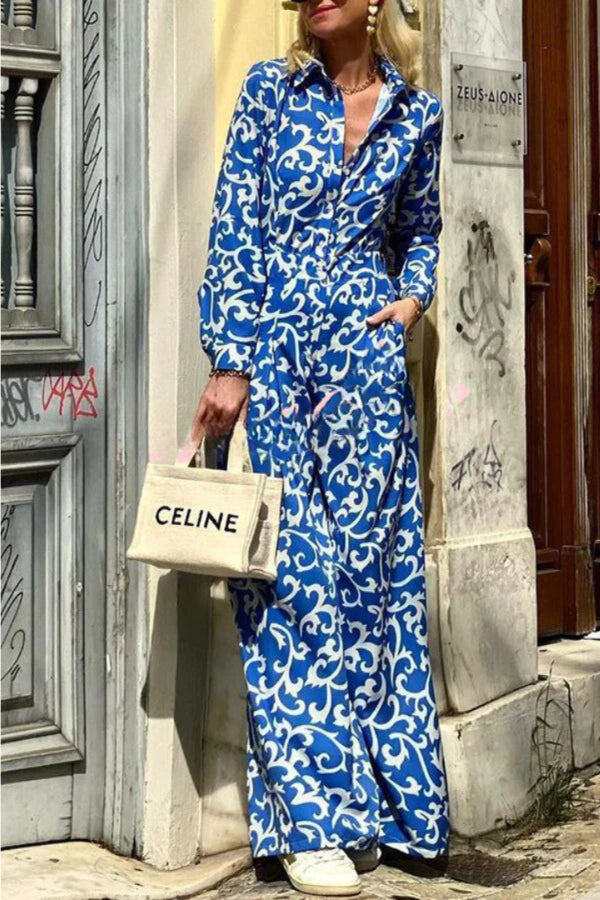 Ethnic Print Lapel Button Pocket Long Sleeve Shirt Maxi Dress