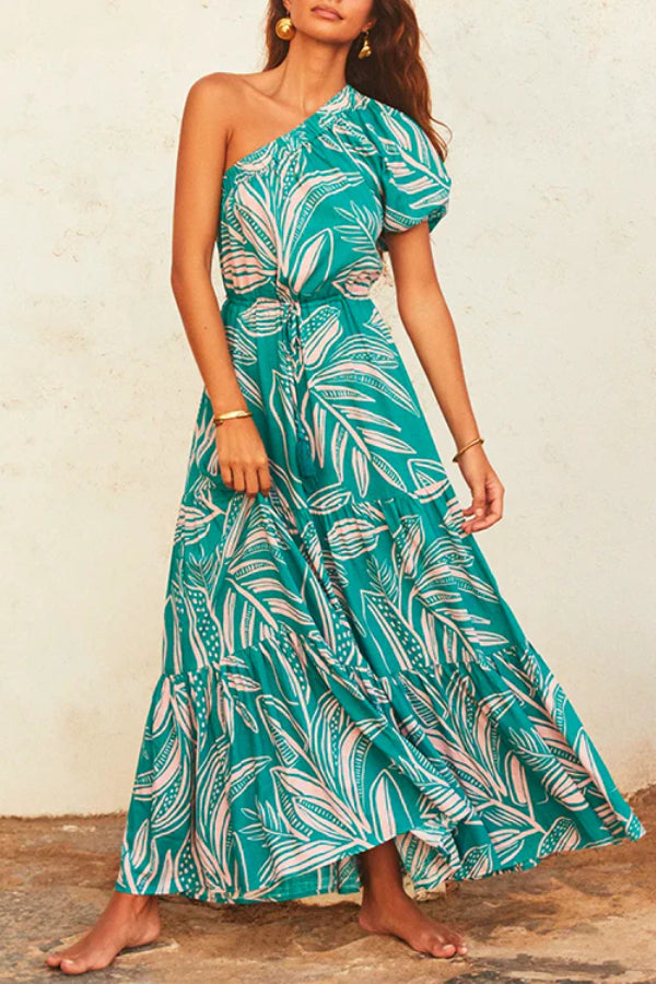 One Shoulder Drawstring Waist Printed Flowy Maxi Dress