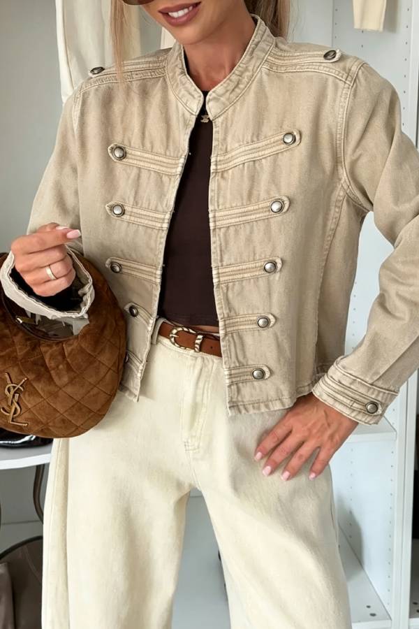 Vintage Military‑Style Metal Button Cropped Denim Jacket