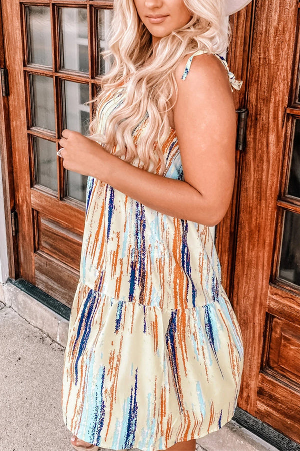 Multicolor Abstract Print Tie Shoulder Spaghetti Strap Tiered Dress