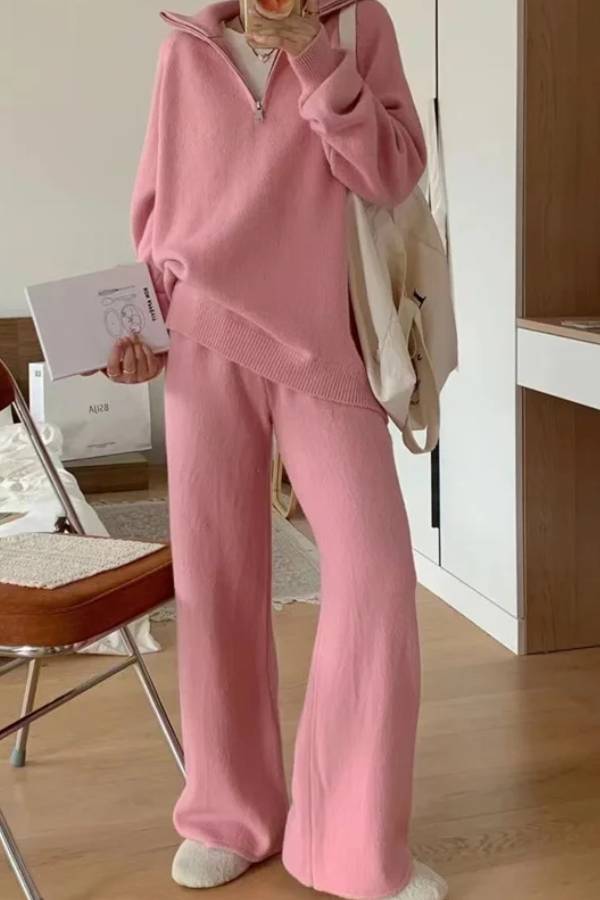 Casual Lapel Sweater and Wide-leg Pants Two-piece Suit