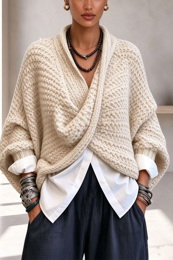 Comfortable Casual Knit Batwing Sleeves and A Crossover V-neck Loose-fitting Sweater