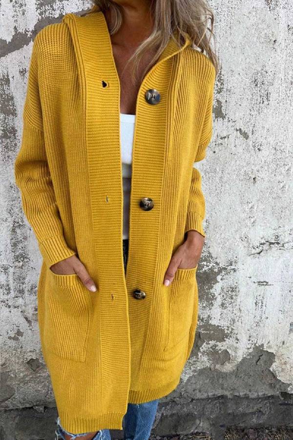 Women's Hooded Single Breasted Mid-Length Knit Cardigan