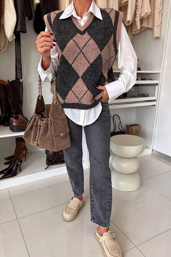 Soft Fluffy Knit Distinctive Diamond Pattern Sleeveless Loose Sweater Vest