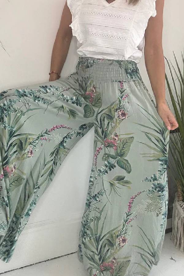 Summer Garden Botanical Print Smocked Waist Wide Leg Palazzo Pants