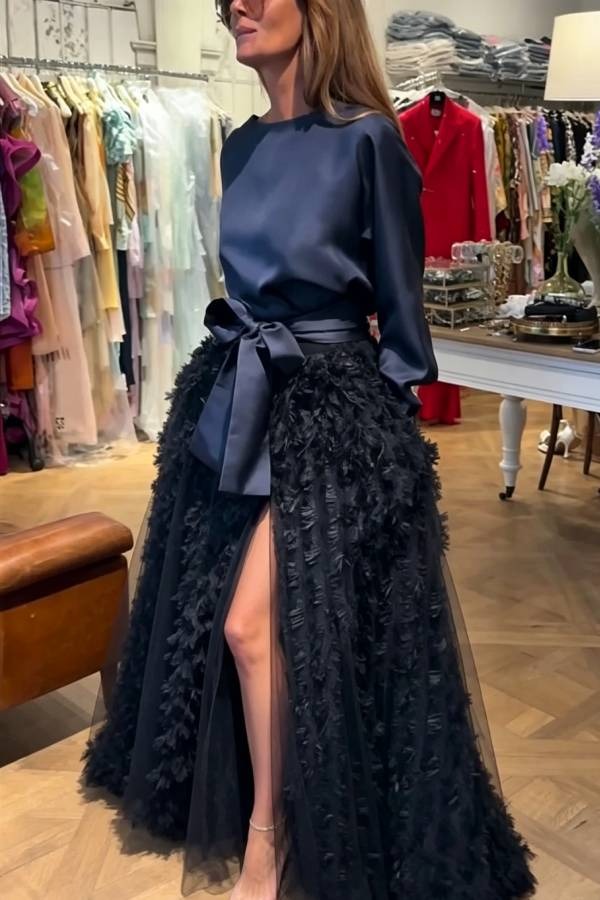 Elegant Diary Embroidered Dimensional Flower Fabric High Rise Pocket Slit Maxi Skirt