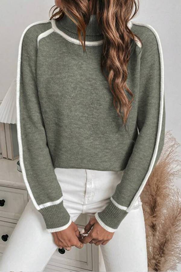 Women's Color Block White Trim Turtleneck Raglan Long Sleeve Sweater
