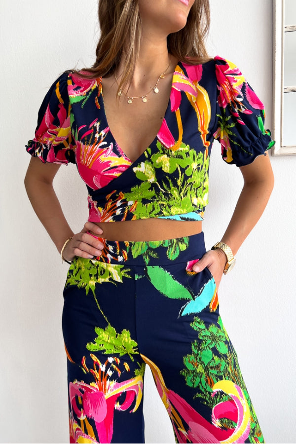 Floral Print V Neck Short Sleeves Crop Top Elastic Waist Wide Leg Pants Set