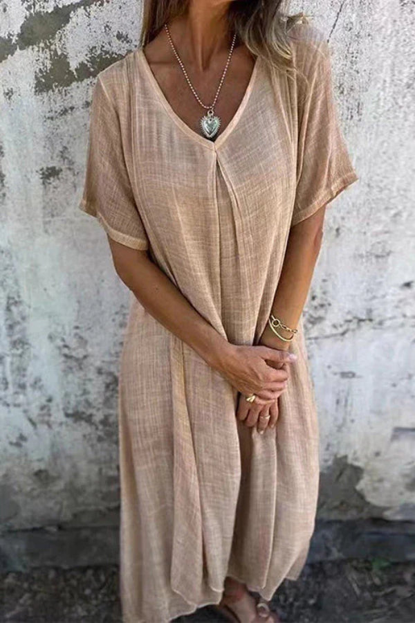 V Neck Loose Fit Cotton Linen Midi Dress