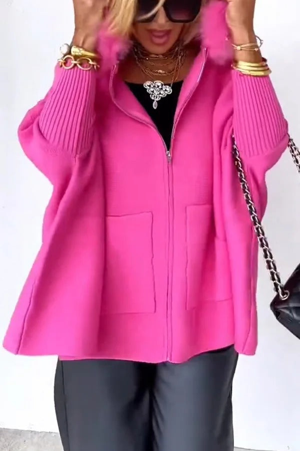 Warm Call Knit Long Sleeve Zipper Plush Hooded Pocket Loose Cardigan
