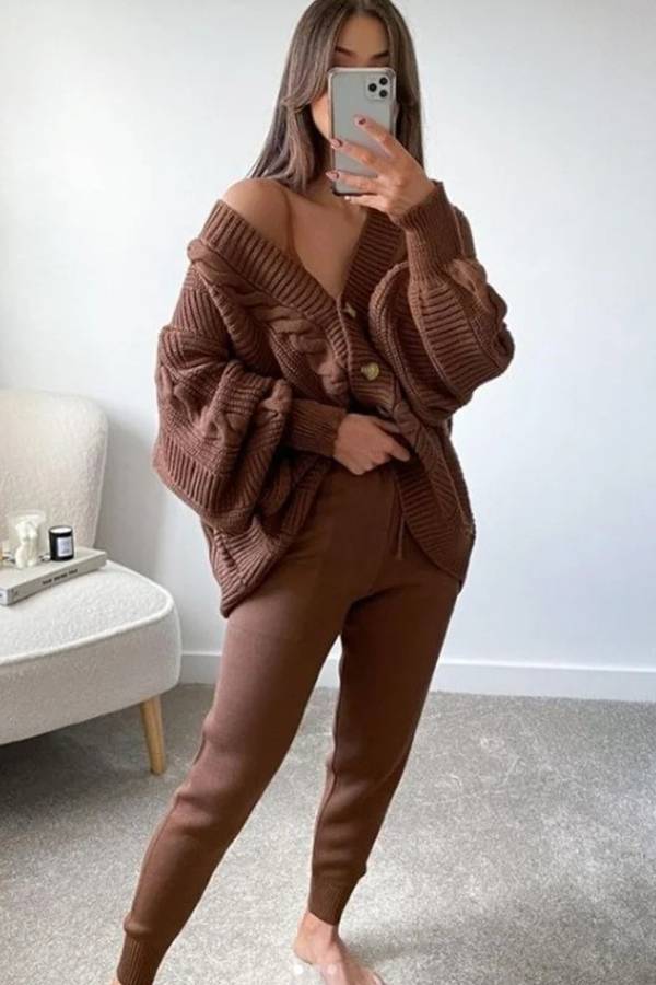 Fashion Solid Color V-neck Knit Set