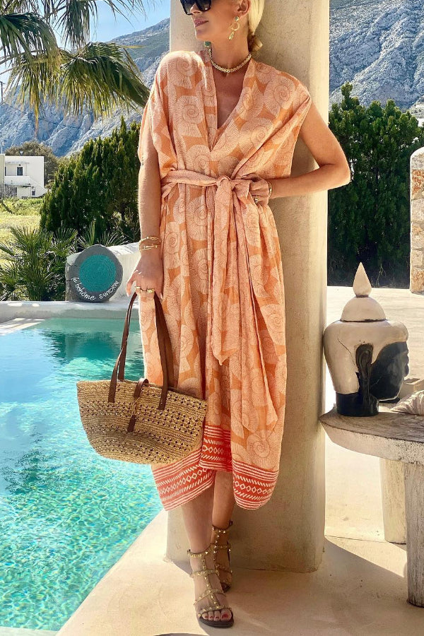 KAFTAN DRESS WITH BELT "KOCHYLI" CORAL