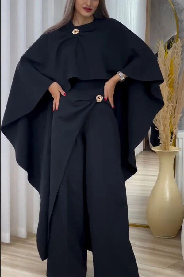 Elegant Two-Piece Cape Top and Wide-Leg Pants Set with Gold Brooch Accents