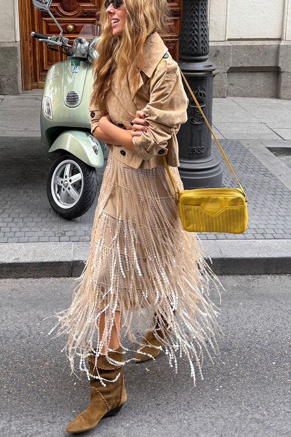 Champagne Party Layered Sequined Tassels Mid Rise Elastic Waist Midi Skirt