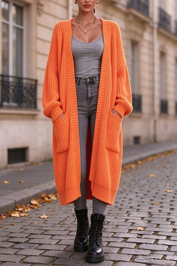 Trendy Thick Knit Open Front Long Sleeve Pocket Oversized Midi Cardigan