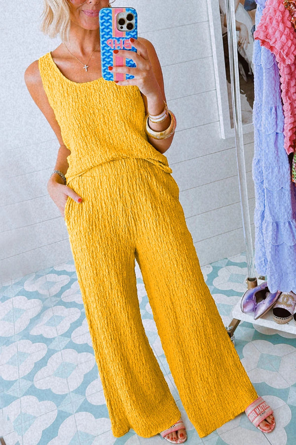 Yellow Crinkled U Neck Tank and Wide Leg Pants Set