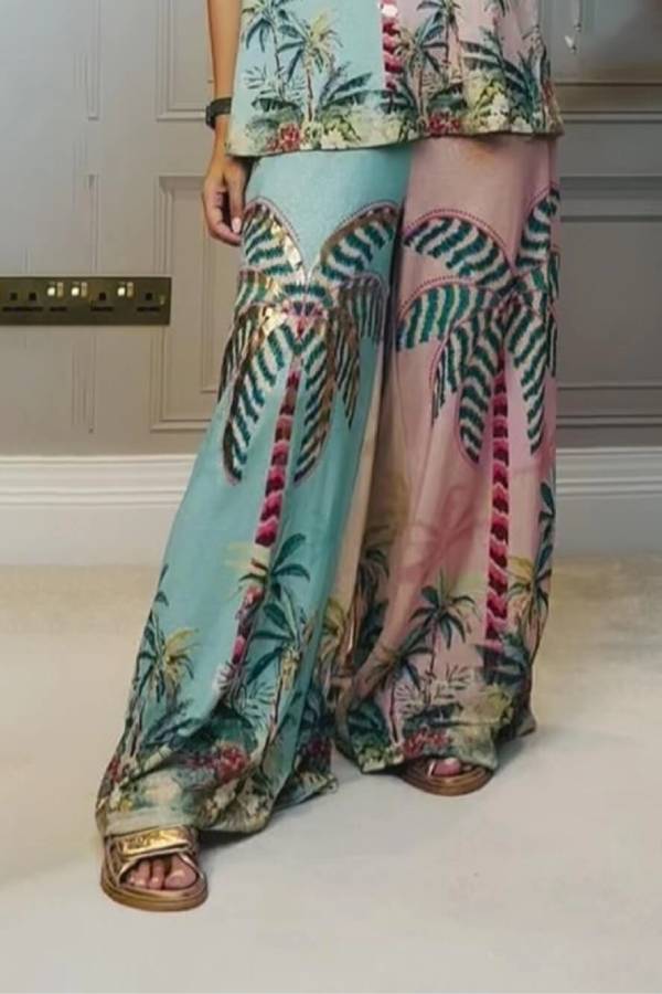 Unique Palm Tree Print Elastic Waist Loose Wide-Leg Pants