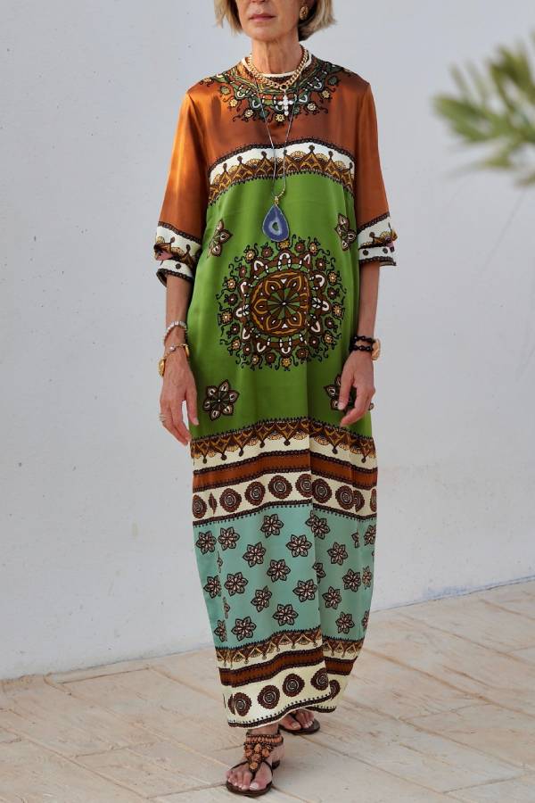 Bohemian Ethnic Printed 3/4 Sleeve Maxi Dress