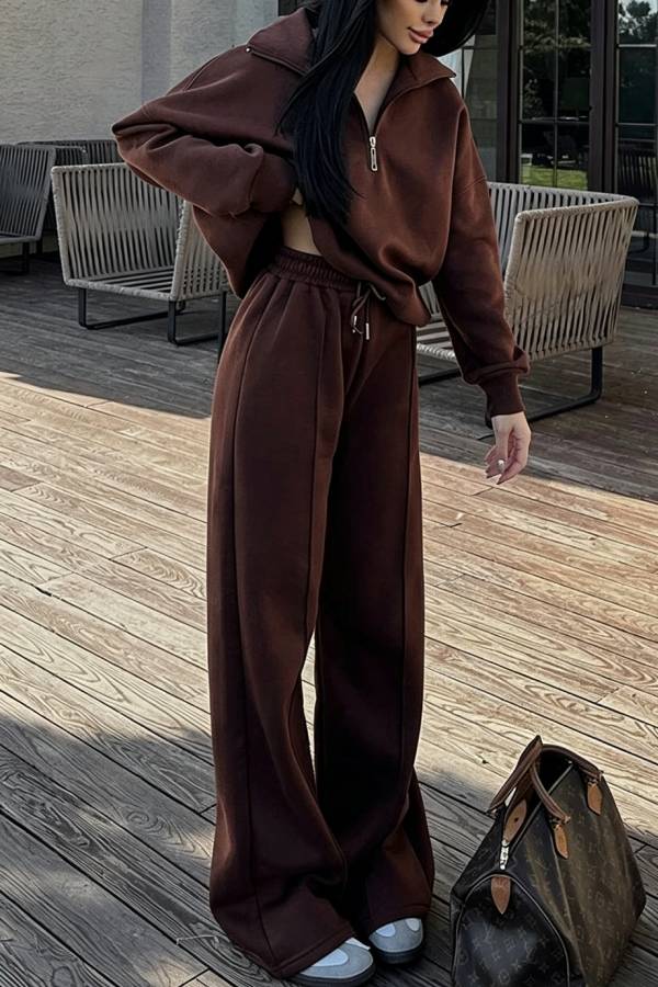 Stylish Half-open Zipper Pullover Sweatshirt and Elastic Waist Wide Leg Pants Set
